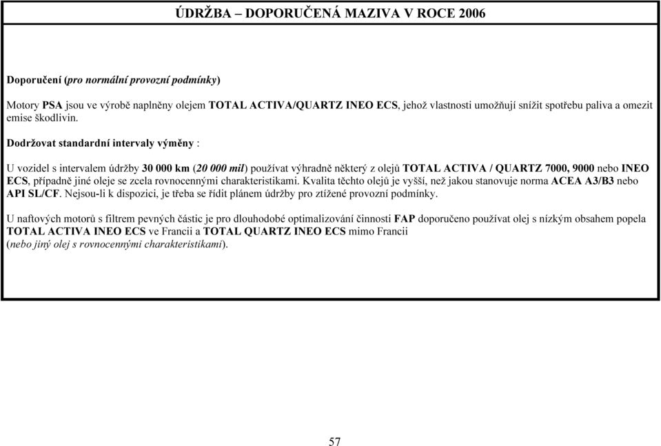 Dodržovat standardní intervaly výměny : U vozidel s intervalem údržby 30 000 km (20 000 mil) používat výhradně některý z olejů TOTAL ACTIVA / QUARTZ 7000, 9000 nebo INEO ECS, případně jiné oleje se