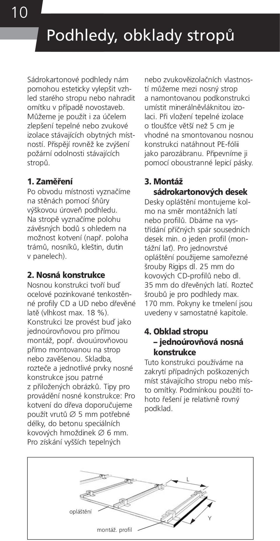 Zaměření Po obvodu místnosti vyznačíme na stěnách pomocí šňůry výškovou úroveň podhledu. Na stropě vyznačíme polohu závěsných bodů s ohledem na možnost kotvení (např.