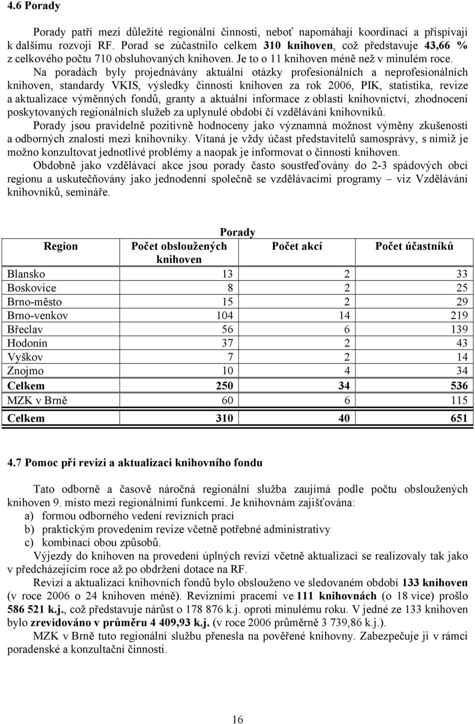 Na poradách byly projednávány aktuální otázky profesionálních a neprofesionálních, standardy VKIS, výsledky činnosti za rok 2006, PIK, statistika, revize a aktualizace výměnných fondů, granty a