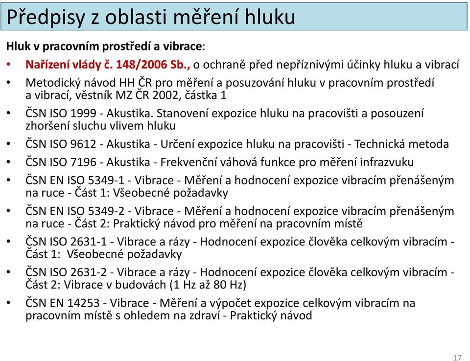 Stanovení expozice hluku na pracovišti a posouzení zhoršení sluchu vlivem hluku ČSN ISO 9612 - Akustika - Určení expozice hluku na pracovišti - Technická metoda ČSN ISO 7196 - Akustika - Frekvenční