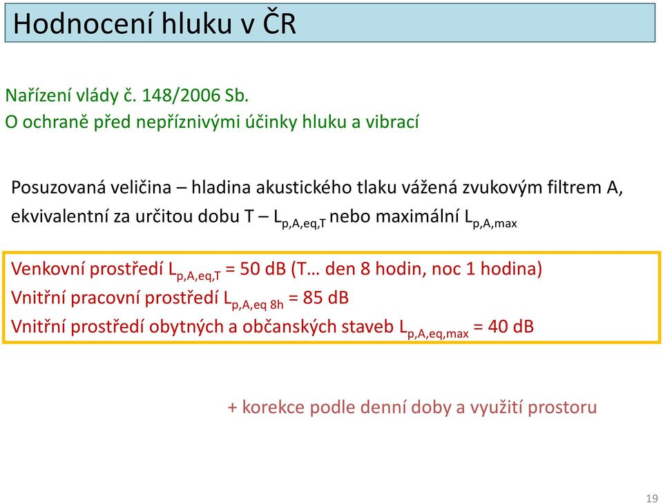 filtrem A, ekvivalentní za určitou dobu T L p,a,eq,t nebo maximální L p,a,max Venkovní prostředí L p,a,eq,t = 50 db (T