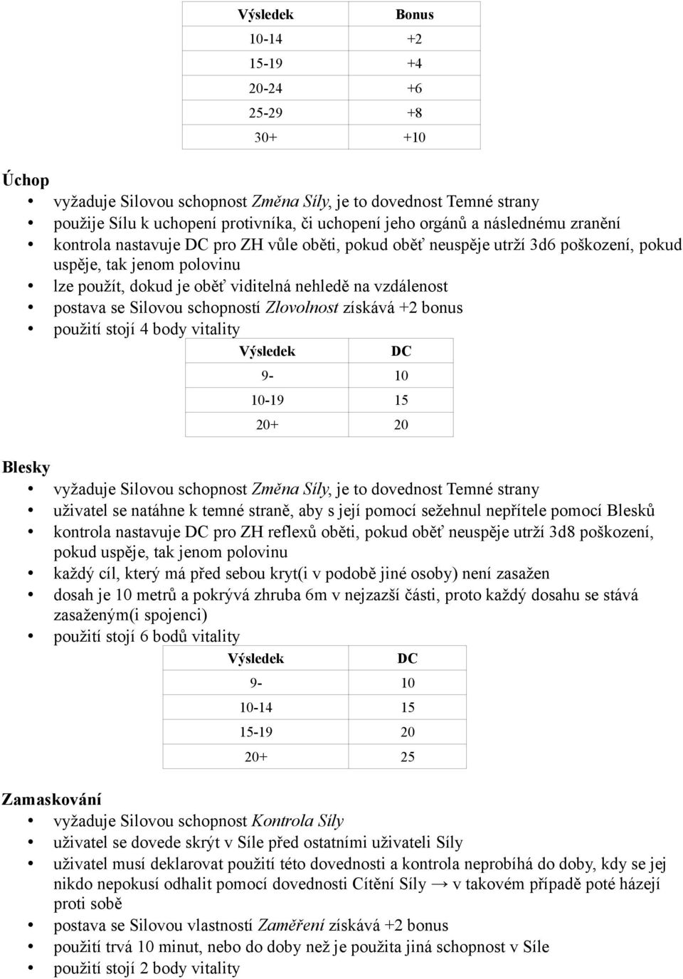 schopností Zlovolnost získává +2 bonus použití stojí 4 body vitality 10-19 15 20+ 20 Blesky vyžaduje Silovou schopnost Změna Síly, je to dovednost Temné strany uživatel se natáhne k temné straně, aby