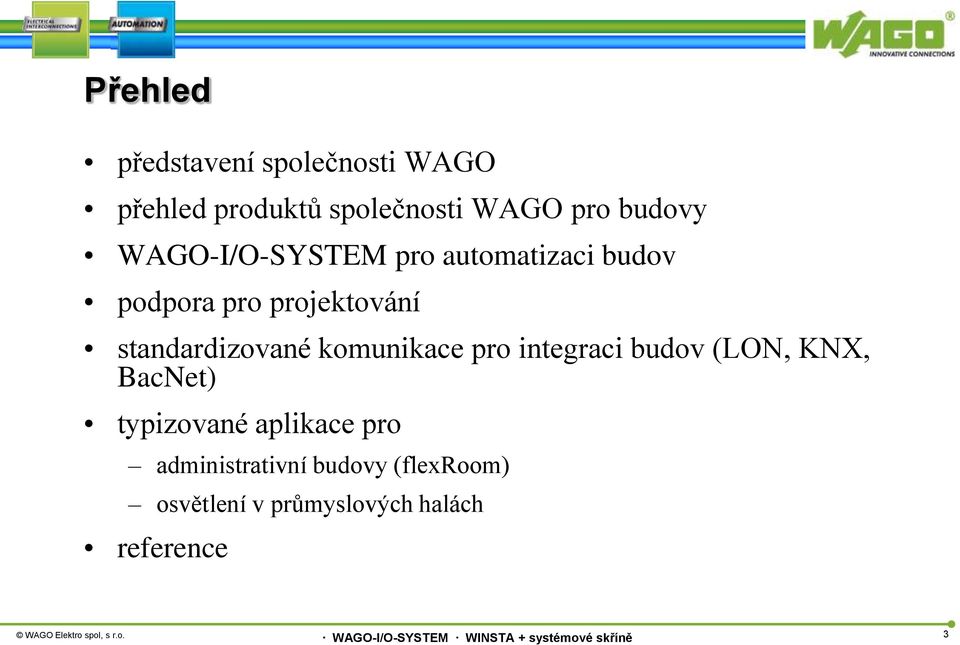 standardizované komunikace pro integraci budov (LON, KNX, BacNet) typizované