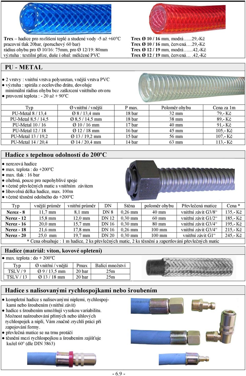 42,-kč PU - METAL 2 vrstvy : vnitřní vrstva polyuretan, vnější vrstva PVC výztuha : spirála z ocelového drátu, dovoluje minimální rádius ohybu bez zaškrcení vnitřního otvoru provozní teplota : - 20