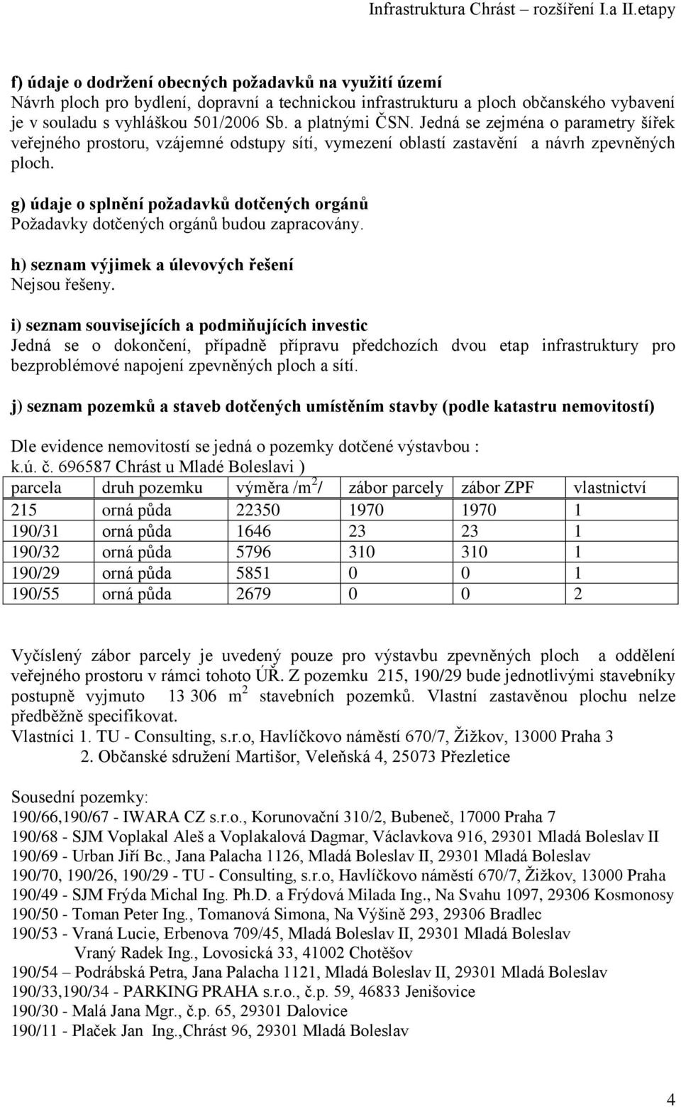 g) údaje o splnění požadavků dotčených orgánů Požadavky dotčených orgánů budou zapracovány. h) seznam výjimek a úlevových řešení Nejsou řešeny.