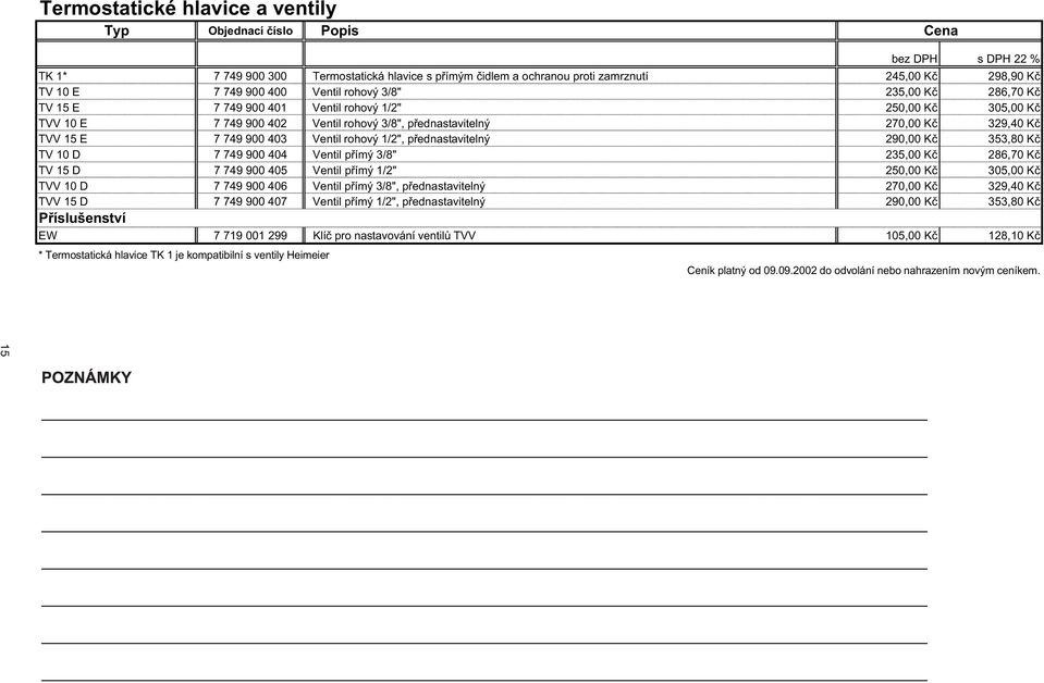 Ventil rohový 1/2", p ednastavitelný 290,00 K 353,80 K TV 10 D 7 749 900 404 Ventil p ímý 3/8" 235,00 K 286,70 K TV 15 D 7 749 900 405 Ventil p ímý 1/2" 250,00 K 305,00 K TVV 10 D 7 749 900 406