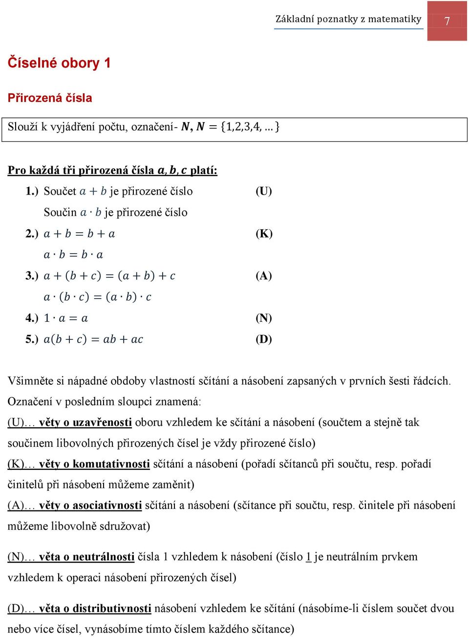 ) ( ) (D) Všimněte si nápadné obdoby vlastností sčítání a násobení zapsaných v prvních šesti řádcích.