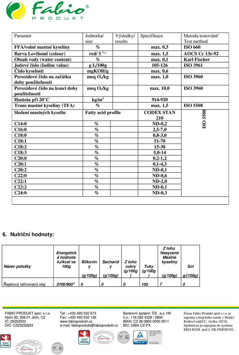 0,6 Peroxidové číslo na začátku meq O 2 /kg max. 1,0 ISO 3960 doby použitelnosti Peroxidové číslo na konci doby meq O 2 /kg max.