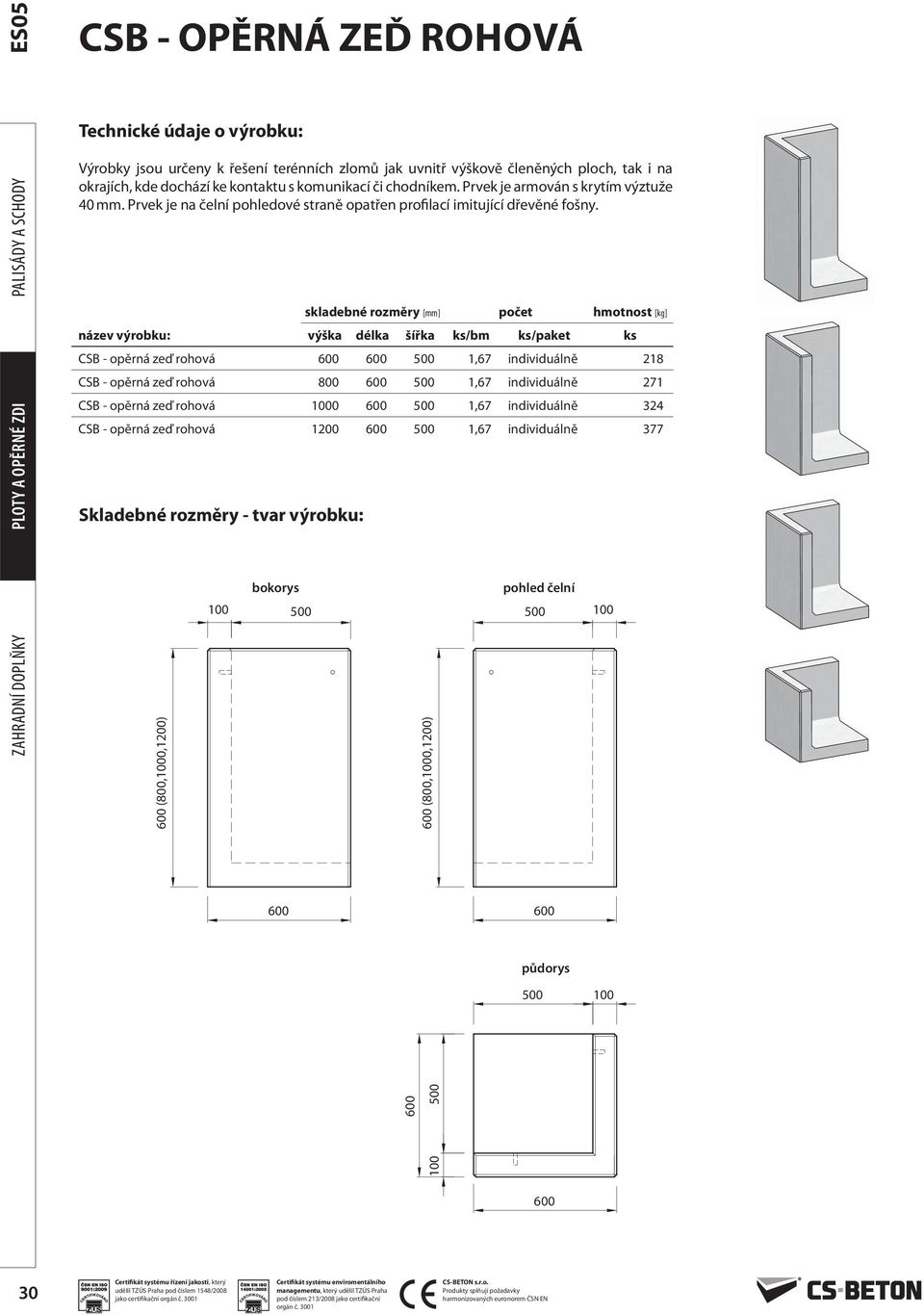 skladebné rozměry [mm] počet hmotnost [kg] název výrobku: výška délka šířka ks/bm ks/paket ks CS - opěrná zeď rohová 600 600 1,67 individuálně 218 CS - opěrná zeď rohová 800 600 1,67 individuálně 271
