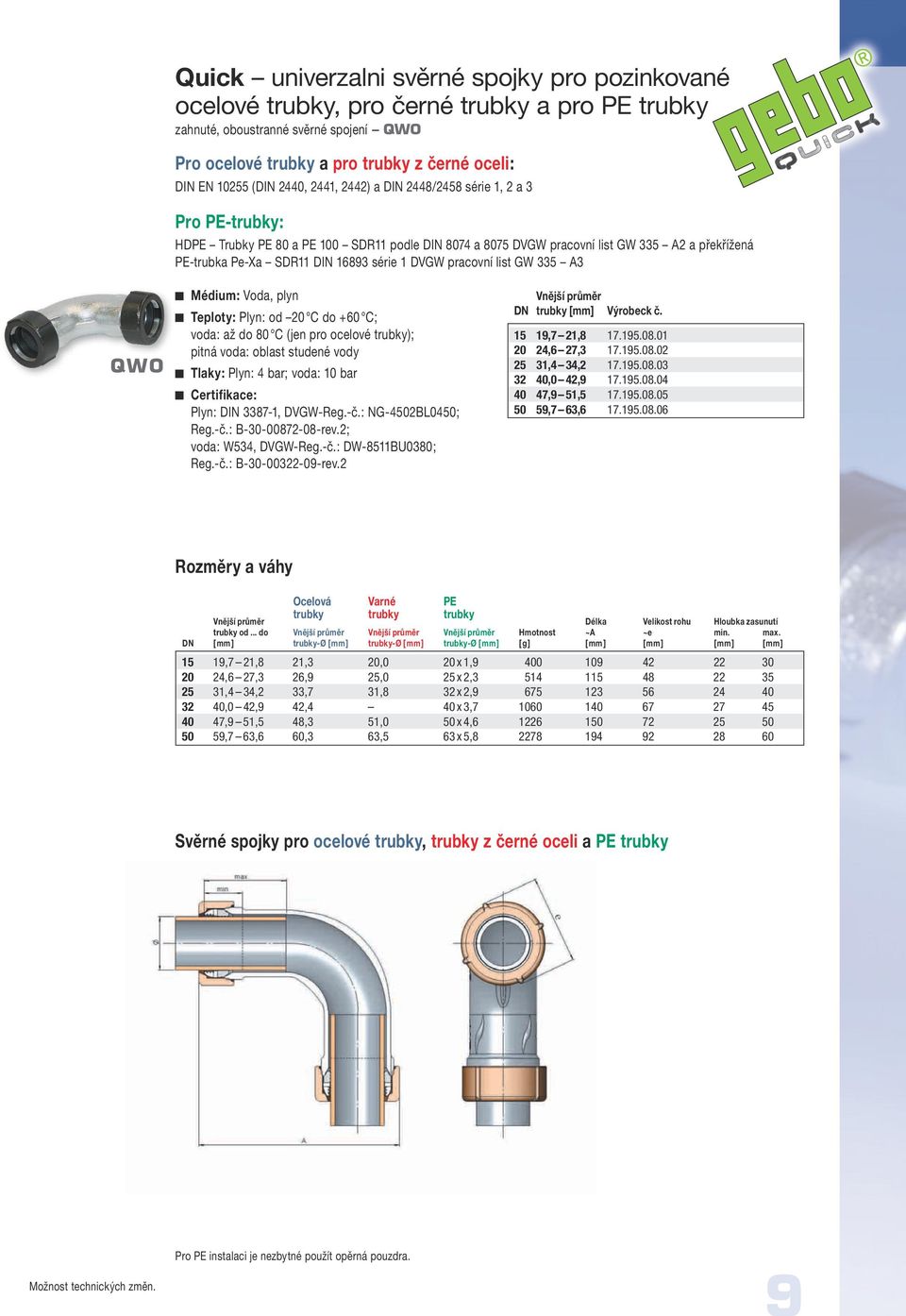 série 1 DVGW pracovní list GW 335 A3 QWO Médium: Voda, plyn Teploty: Plyn: od 20 C do +60 C; voda: až do 80 C (jen pro ocelové trubky); pitná voda: oblast studené vody Tlaky: Plyn: 4 bar; voda: 10