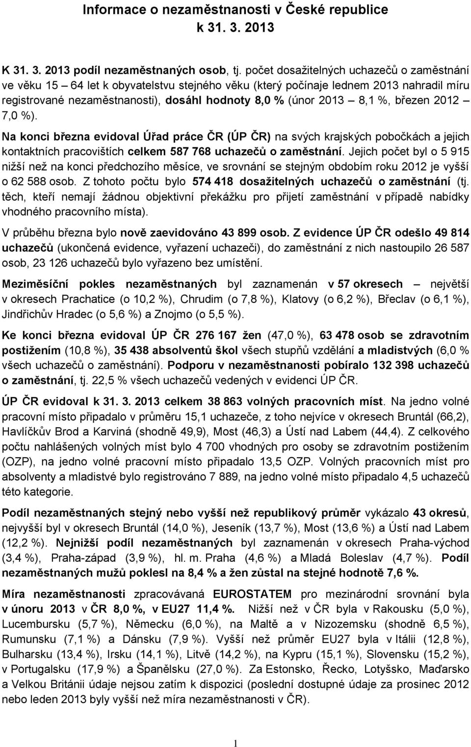 %, březen 2012 7,0 %). Na konci března evidoval Úřad práce ČR (ÚP ČR) na svých krajských pobočkách a jejich kontaktních pracovištích celkem 587 768 uchazečů o zaměstnání.