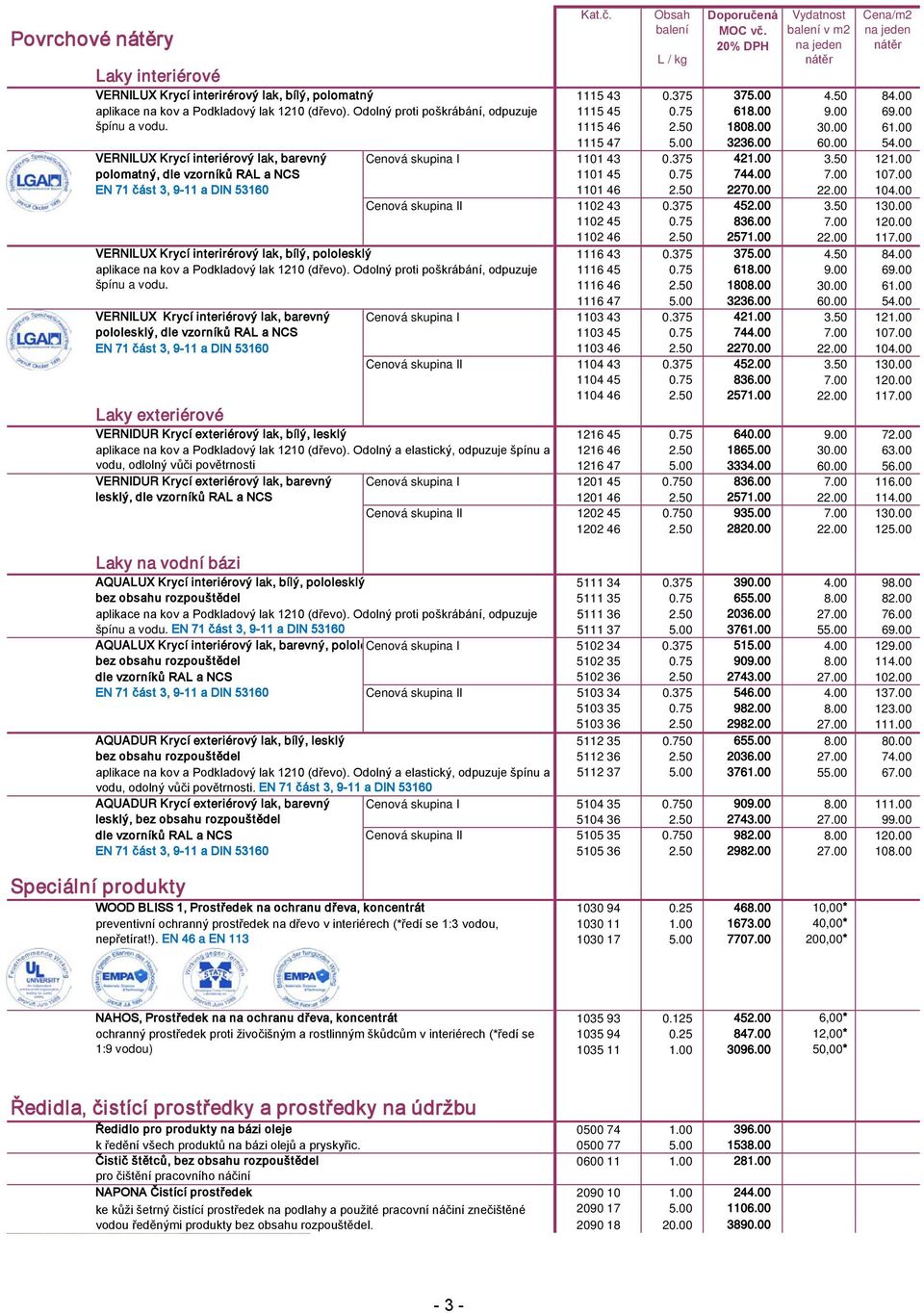 00 VERNILUX Krycí interiérový lak, barevný Ce skupina I 1101 43 0.375 421.00 3.50 121.00 polomatný, dle vzorníků RAL a NCS 1101 45 0.75 744.00 7.00 107.00 1101 46 2.50 2270.00 22.00 104.