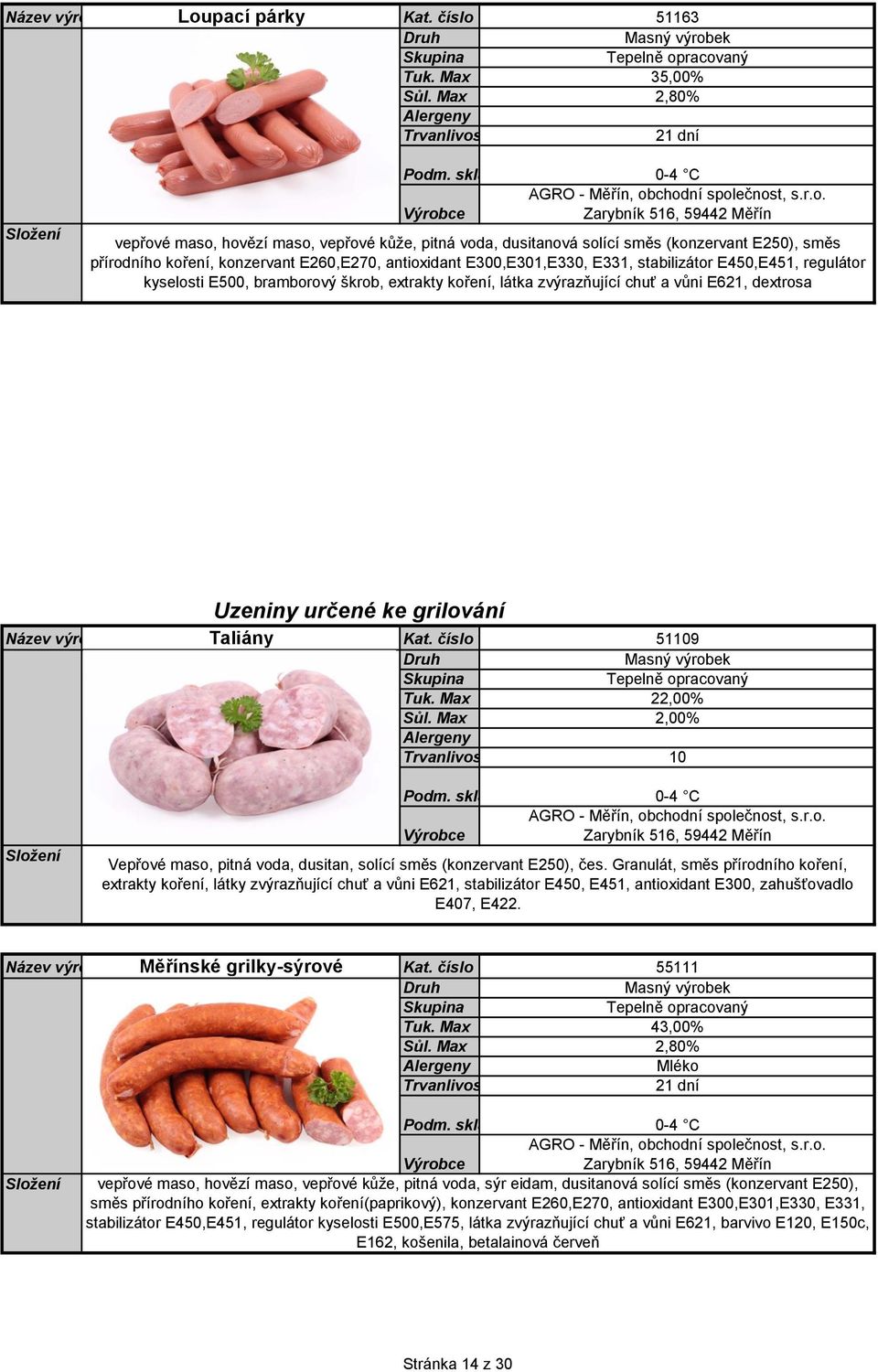 E300,E301,E330, E331, stabilizátor E450,E451, regulátor kyselosti E500, bramborový škrob, extrakty koření, látka zvýrazňující chuť a vůni E621, dextrosa Uzeniny určené ke grilování Taliány Kat.
