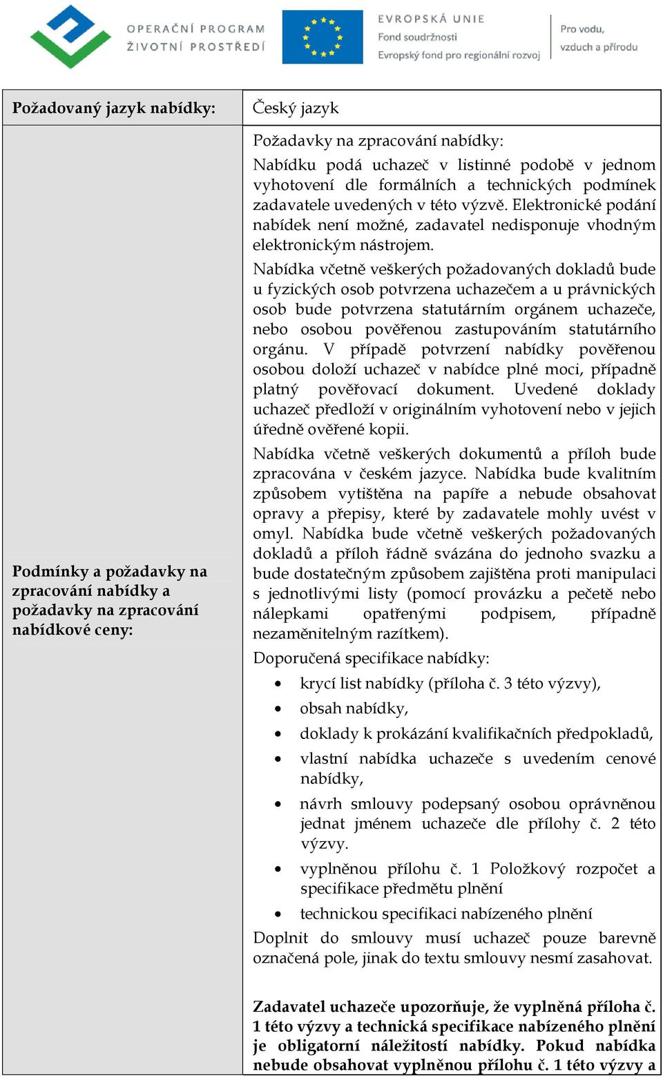 Nabídka včetně veškerých požadovaných dokladů bude u fyzických osob potvrzena uchazečem a u právnických osob bude potvrzena statutárním orgánem uchazeče, nebo osobou pověřenou zastupováním