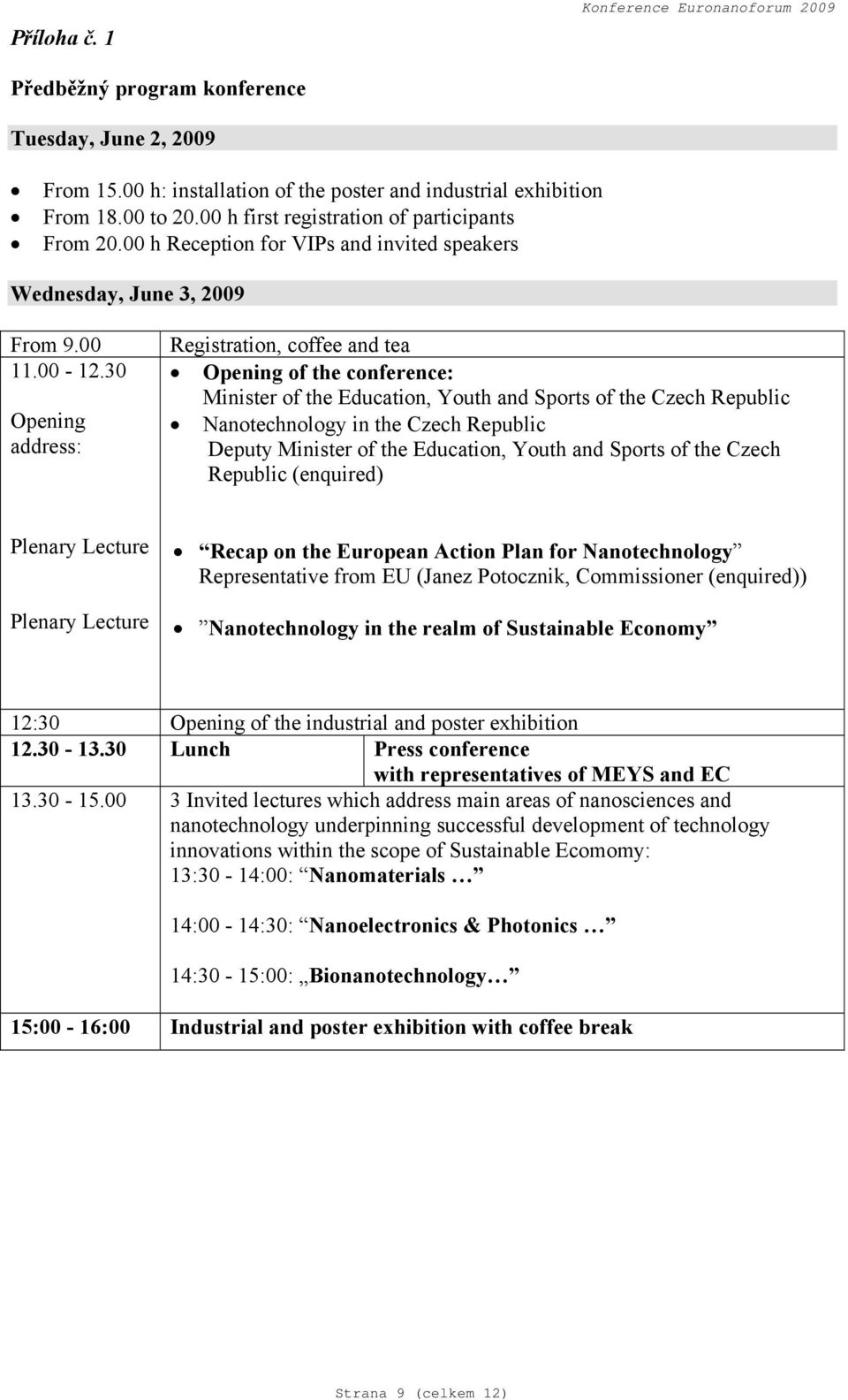 30 Opening address: Registration, coffee and tea Opening of the conference: Minister of the Education, Youth and Sports of the Czech Republic Nanotechnology in the Czech Republic Deputy Minister of