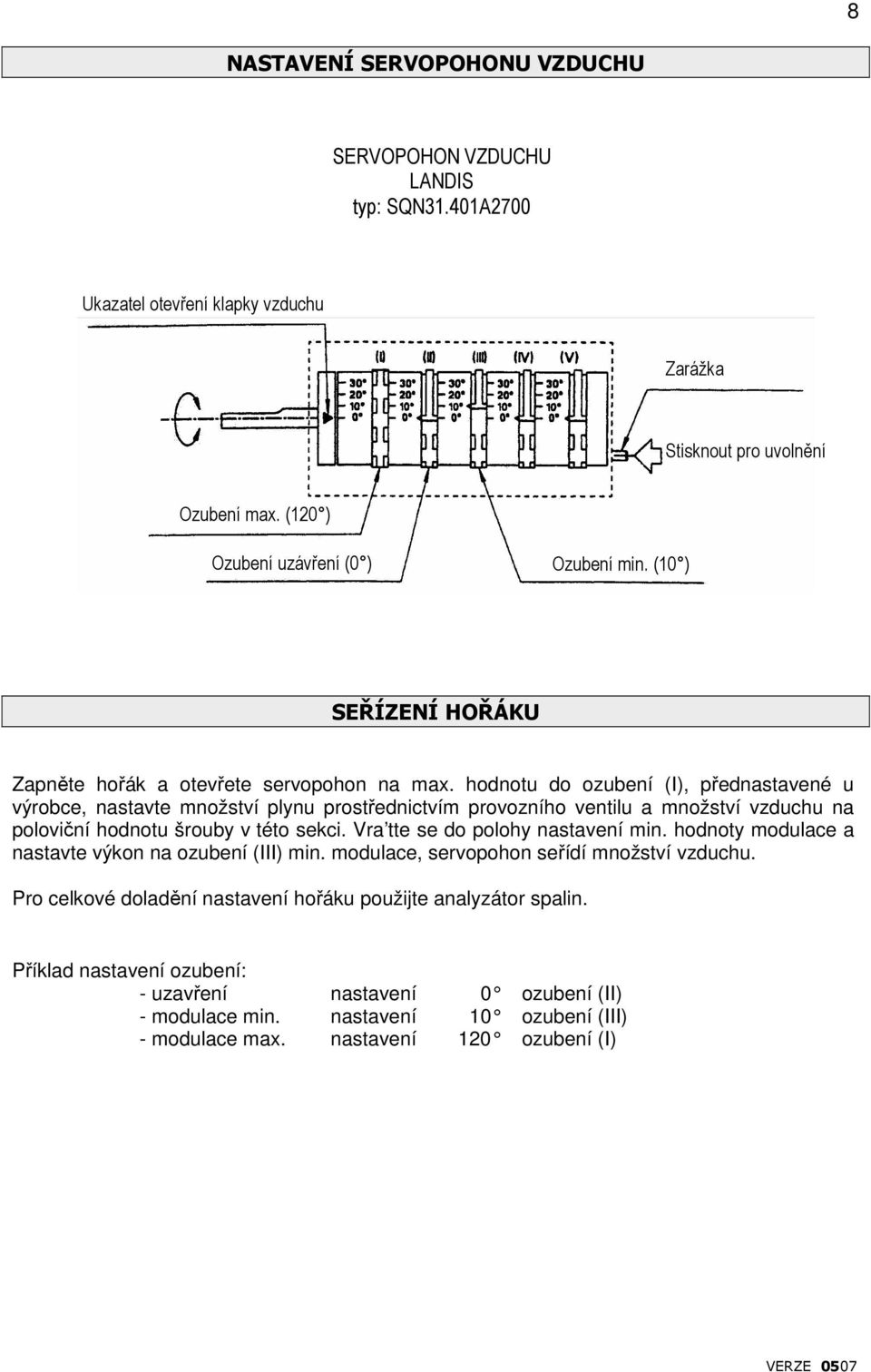 hodnotu do ozubení (I), přednastavené u výrobce, nastavte množství plynu prostřednictvím provozního ventilu a množství na poloviční hodnotu šrouby v této sekci.