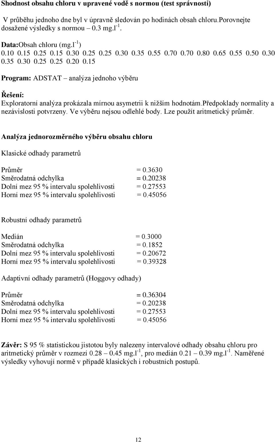 15 Program: ADSTAT analýza jednoho výběru Řešení: Exploratorní analýza prokázala mírnou asymetrii k nižším hodnotám.předpoklady normality a nezávislosti potvrzeny. Ve výběru nejsou odlehlé body.