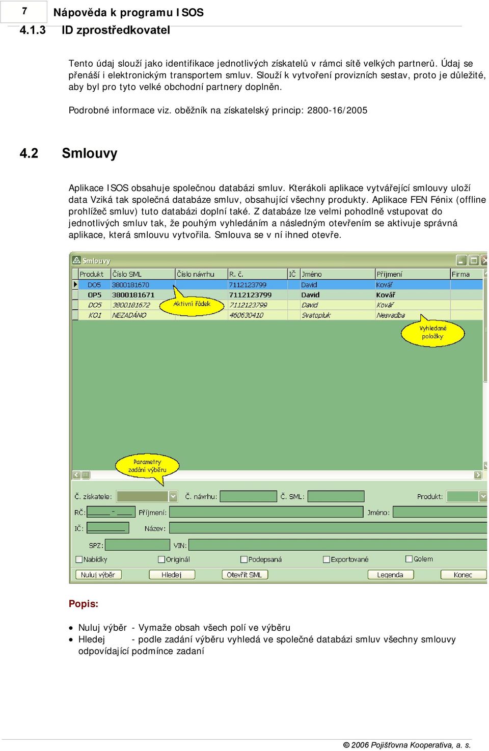 2 Smlouvy Aplikace ISOS obsahuje společnou databázi smluv. Kterákoli aplikace vytvářející smlouvy uloží data Vziká tak společná databáze smluv, obsahující všechny produkty.