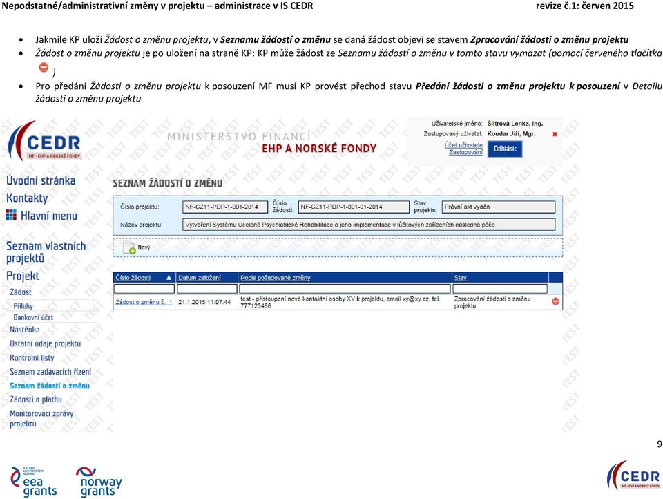 o změnu v tomto stavu vymazat (pomocí červeného tlačítka ) Pro předání Žádosti o změnu projektu k posouzení MF