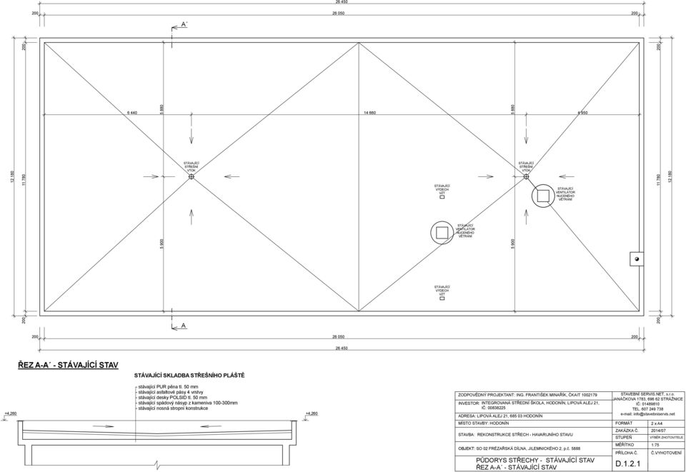 SKLADBA STŘEŠNÍHO PLÁŠTĚ +4,260 - stávající PUR pěna tl. 50 mm - stávající asfaltové pásy 4 vrstvy - stávající desky POLSID tl.