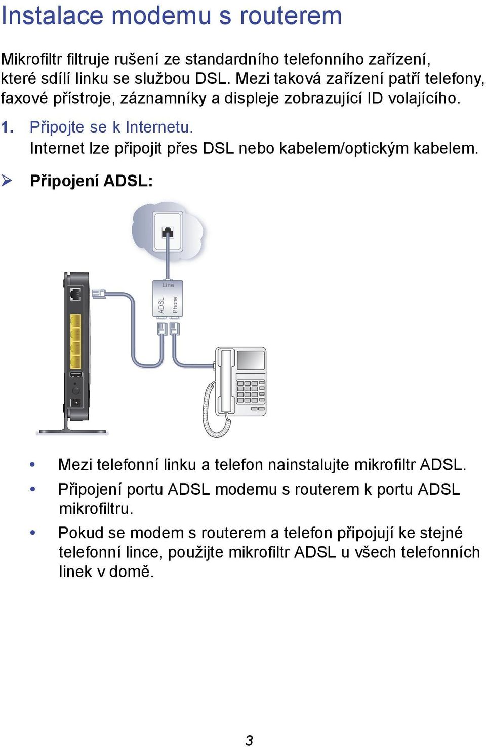 Internet lze připojit přes DSL nebo kabelem/optickým kabelem.