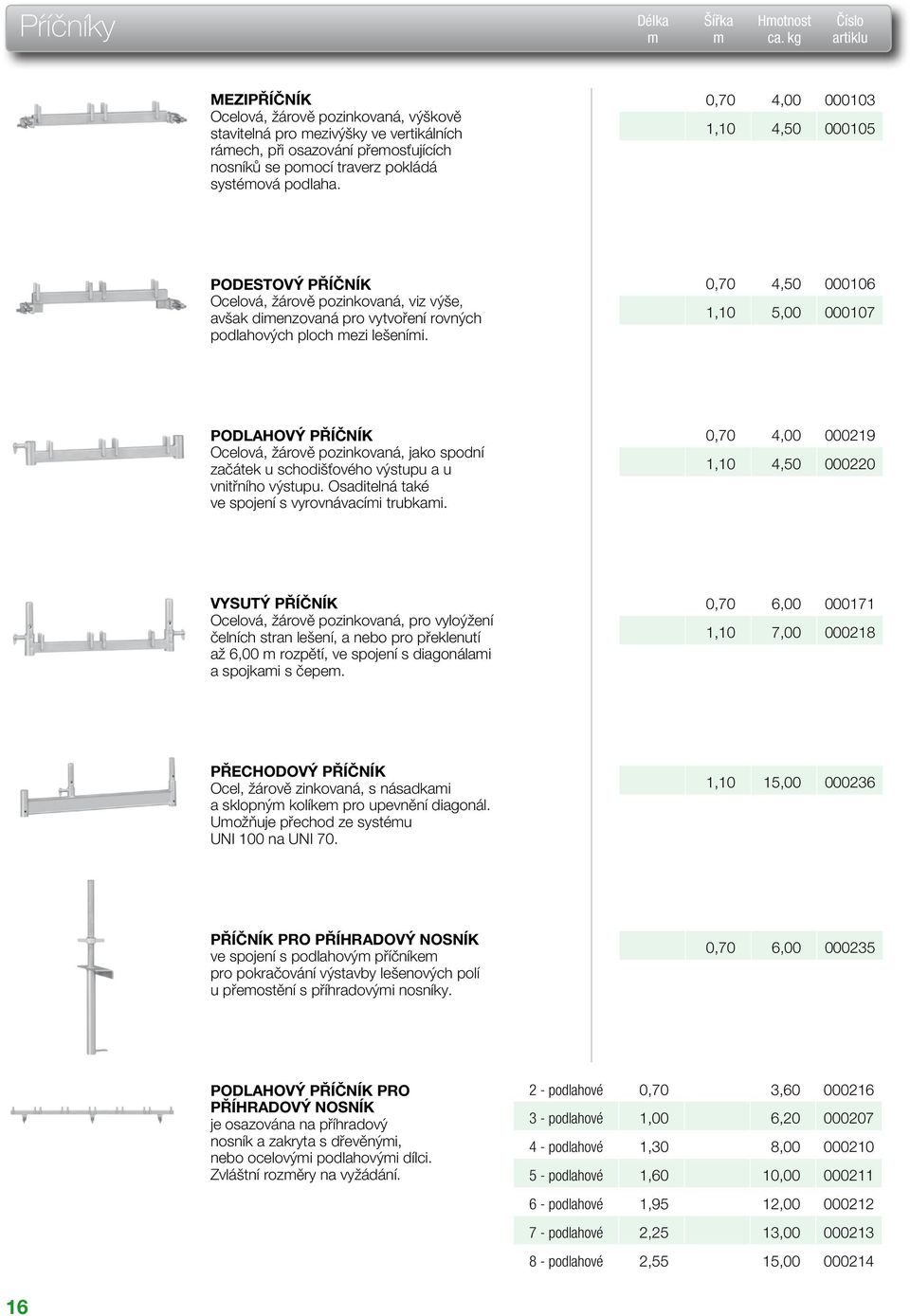 0,70 4,50 000106 1,10 5,00 000107 PODLAHOVÝ PŘÍČNÍK Ocelová, žárově pozinkovaná, jako spodní začátek u schodišťového výstupu a u vnitřního výstupu. Osaditelná také ve spojení s vyrovnávacíi trubkai.