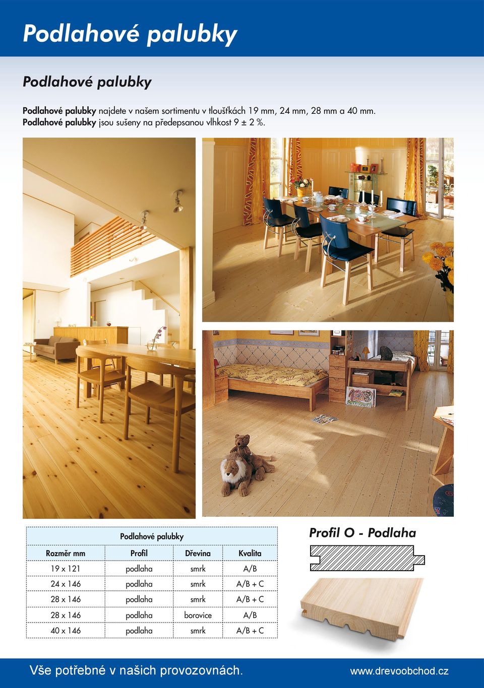 Profil O - Podlaha Podlahové palubky Rozměr mm Profil Dřevina Kvalita 19 x 121 A/B 24 x 146