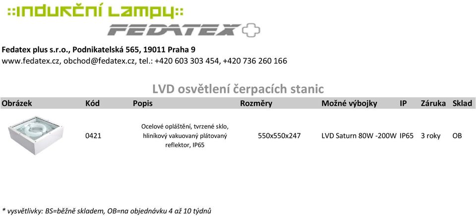 výbojky IP Záruka Sklad 0421 Ocelové opláštění, tvrzené sklo, hliníkový vakuovaný plátovaný reflektor,