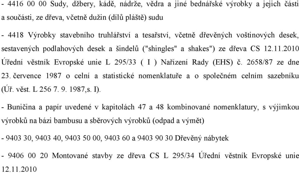 července 1987 o celní a statistické nomenklatuře a o společném celním sazebníku (Úř. věst. L 256 7. 9. 1987,s. I).