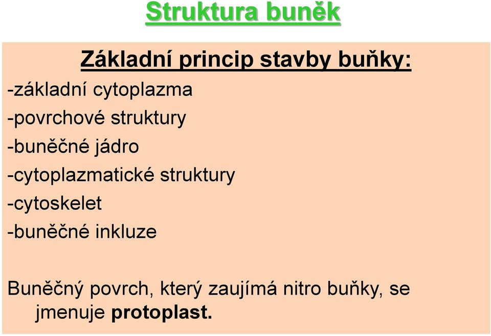 struktury -cytoskelet -buněčné inkluze Buněčný