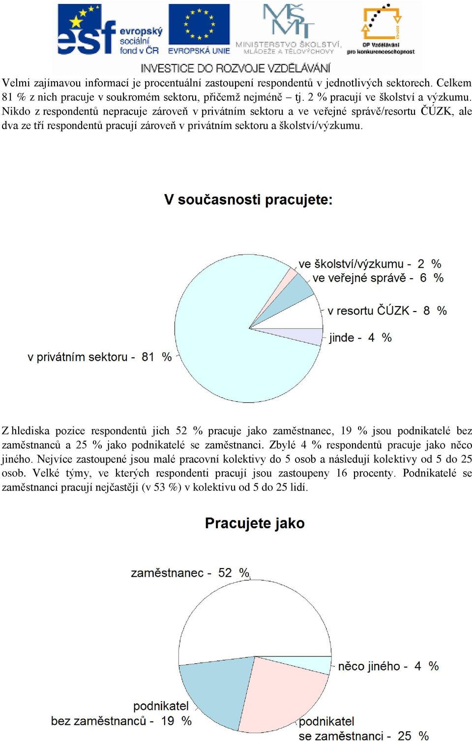 Z hlediska pozice respondentů jich 52 % pracuje jako zaměstnanec, 19 % jsou podnikatelé bez zaměstnanců a 25 % jako podnikatelé se zaměstnanci. Zbylé 4 % respondentů pracuje jako něco jiného.