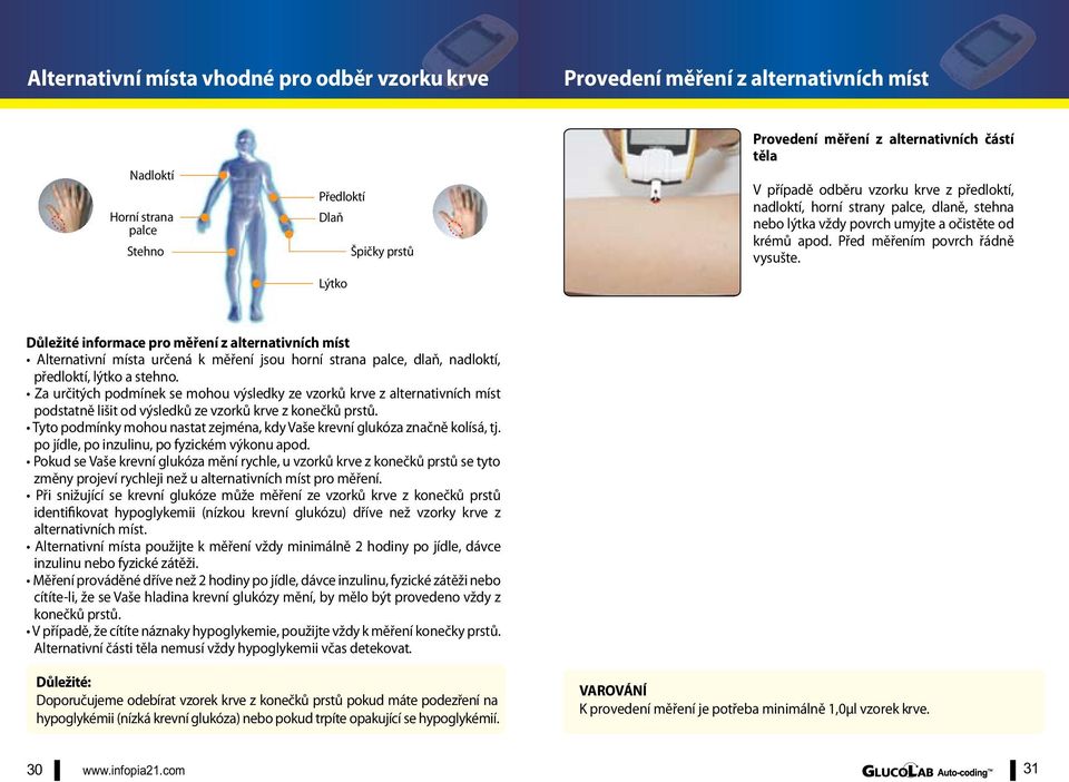 Důležité informace pro měření z alternativních míst Alternativní místa určená k měření jsou horní strana palce, dlaň, nadloktí, předloktí, lýtko a stehno.