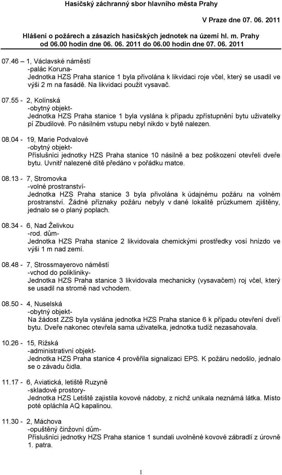 55-2, Kolínská Jednotka HZS Praha stanice 1 byla vyslána k případu zpřístupnění bytu uţivatelky pí Zbudilové. Po násilném vstupu nebyl nikdo v bytě nalezen. 08.