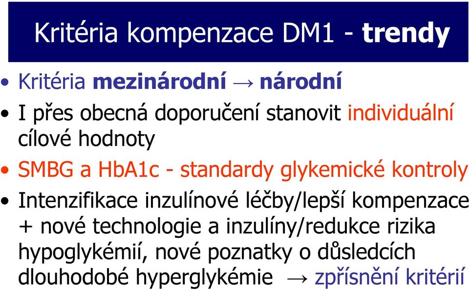 Intenzifikace inzulínové léčby/lepší kompenzace + nové technologie a inzulíny/redukce