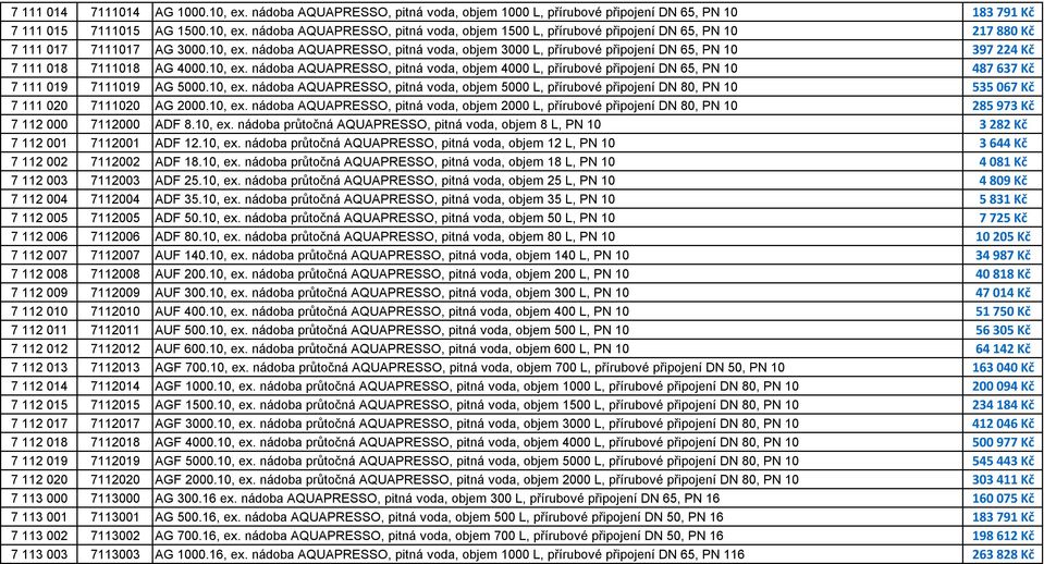 10, ex. nádoba AQUAPRESSO, pitná voda, objem 5000 L, přírubové připojení DN 80, PN 10 535 067 Kč 7 111 020 7111020 AG 2000.10, ex. nádoba AQUAPRESSO, pitná voda, objem 2000 L, přírubové připojení DN 80, PN 10 285 973 Kč 7 112 000 7112000 ADF 8.