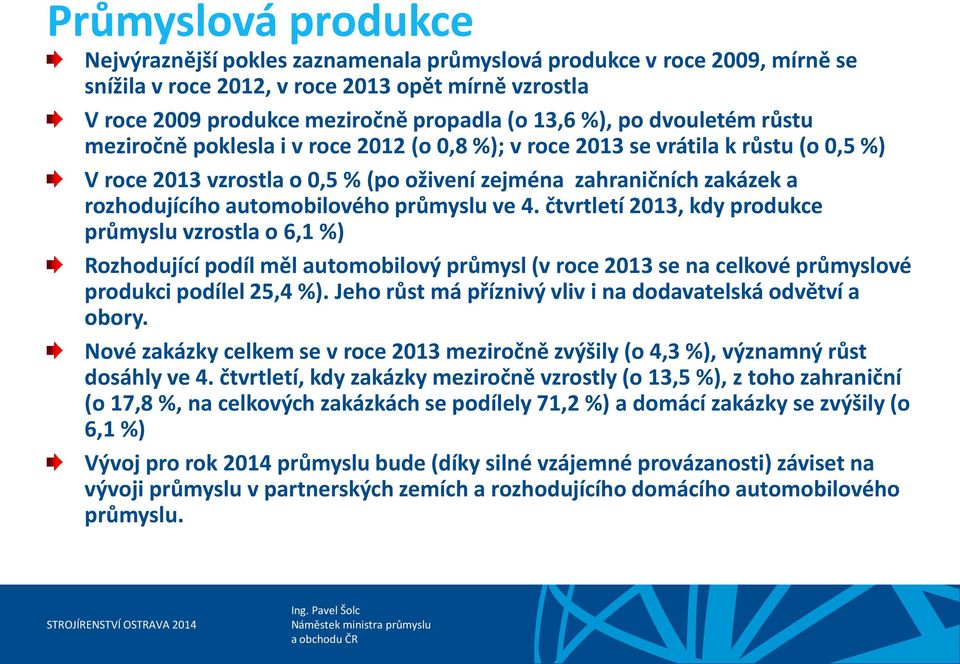 automobilového průmyslu ve 4. čtvrtletí 2013, kdy produkce průmyslu vzrostla o 6,1 %) Rozhodující podíl měl automobilový průmysl (v roce 2013 se na celkové průmyslové produkci podílel 25,4 %).