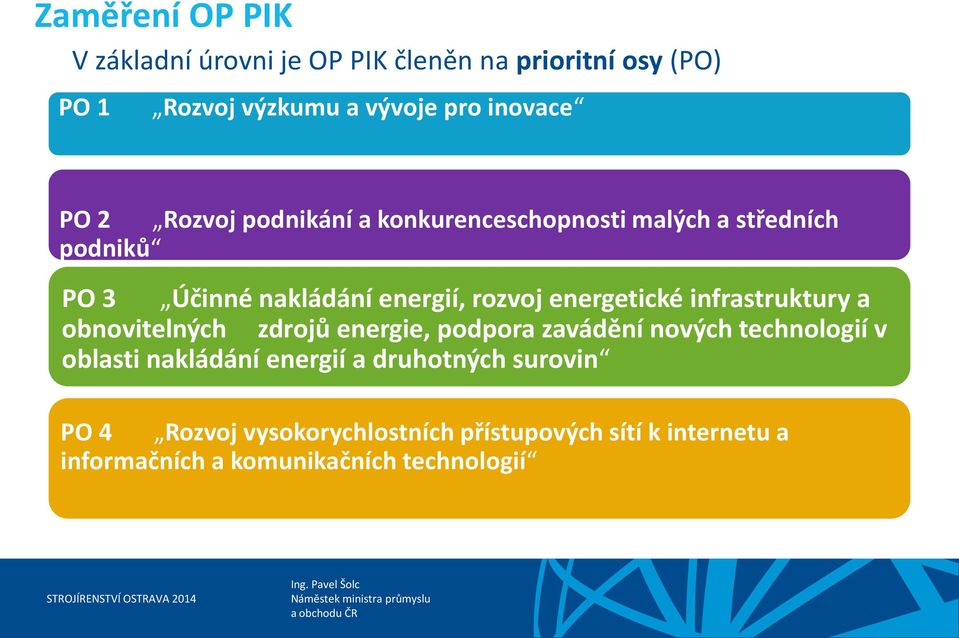 energetické infrastruktury a obnovitelných zdrojů energie, podpora zavádění nových technologií v oblasti nakládání