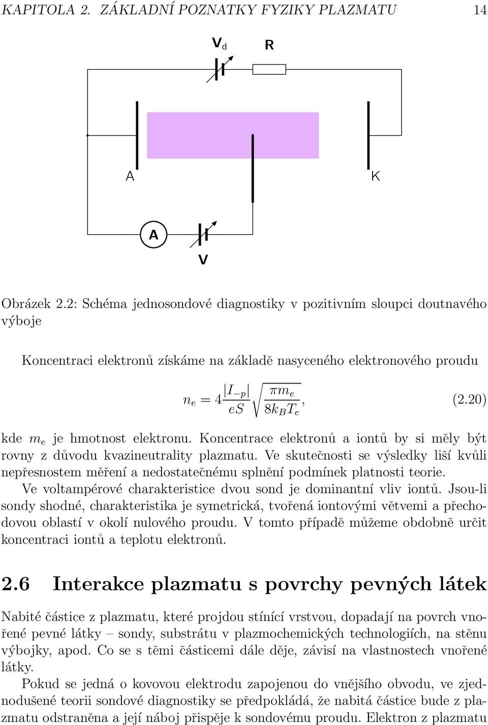 20) es 8k B T e kde m e je hmotnost elektronu. Koncentrace elektronů a iontů by si měly být rovny z důvodu kvazineutrality plazmatu.