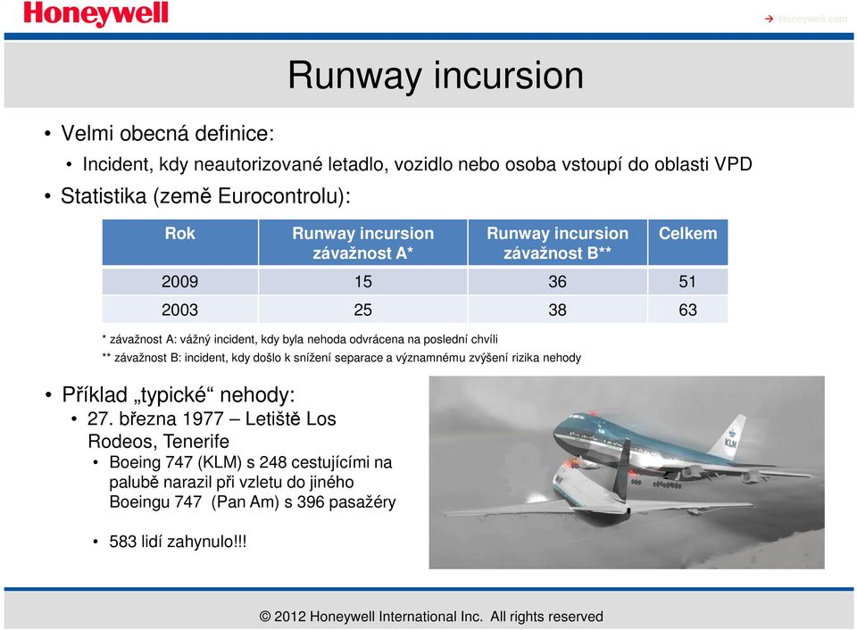 B: incident, kdy došlo k snížení separace a významnému zvýšení rizika nehody Celkem 2009 15 36 51 2003 25 38 63 Příklad typické nehody: 27.