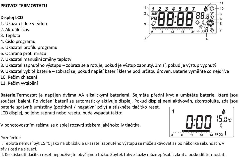 Baterie vyměňte co nejdříve 10. Režim chlazení 11. Režim vytápění Baterie.Termostat je napájen dvěma AA alkalickými bateriemi. Sejměte přední kryt a umístěte baterie, které jsou součástí balení.