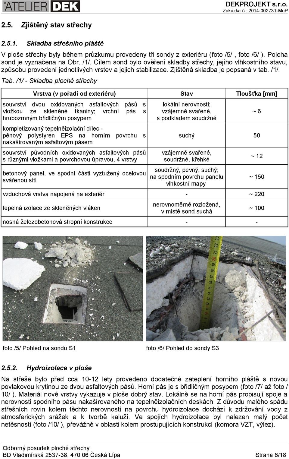 /1/ - Skladba ploché střechy Vrstva (v pořadí od exteriéru) Stav Tloušťka [mm] souvrství dvou oxidovaných asfaltových pásů s vložkou ze skleněné tkaniny; vrchní pás s hrubozrnným břidličným posypem