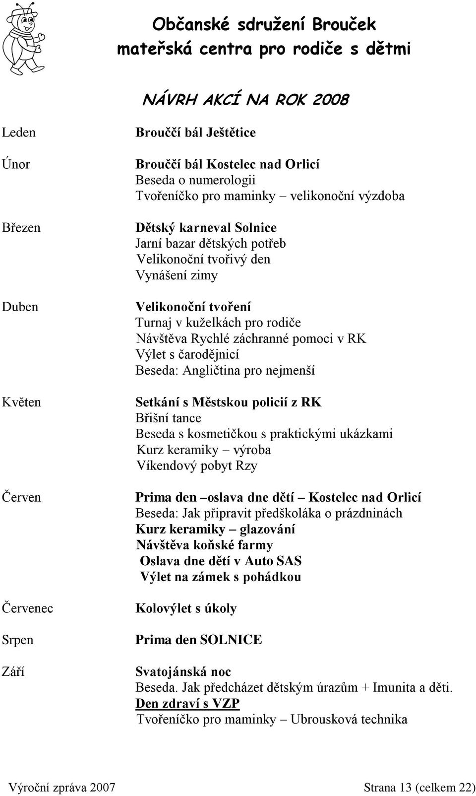 Beseda: Angličtina pro nejmenší Setkání s Městskou policií z RK Břišní tance Beseda s kosmetičkou s praktickými ukázkami Kurz keramiky výroba Víkendový pobyt Rzy Prima den oslava dne dětí Kostelec