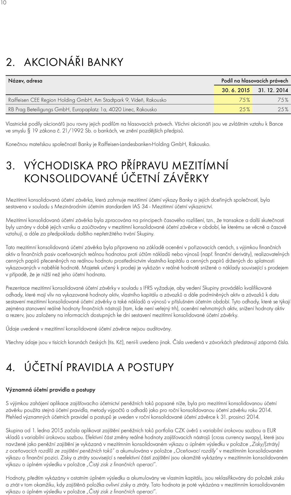 jejich podílům na hlasovacích právech. Všichni akcionáři jsou ve zvláštním vztahu k Bance ve smyslu 19 zákona č. 21/1992 Sb. o bankách, ve znění pozdějších předpisů.