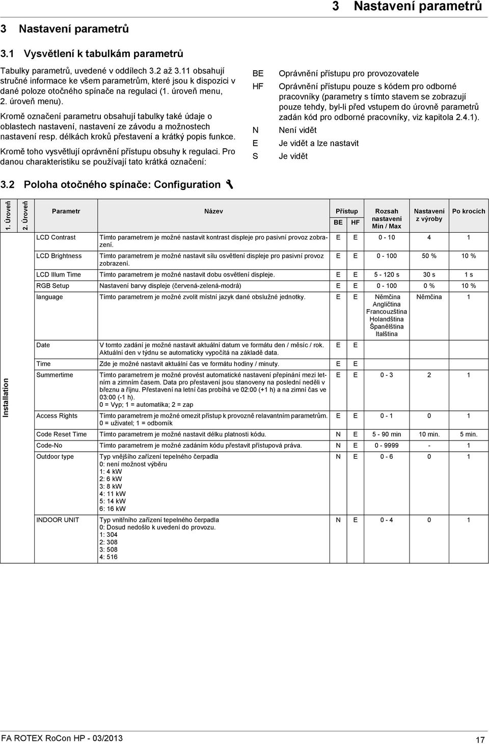 Kromě označení parametru obsahují tabulky také údaje o oblastech nastavení, nastavení ze závodu a možnostech nastavení resp. délkách kroků přestavení a krátký popis funkce.