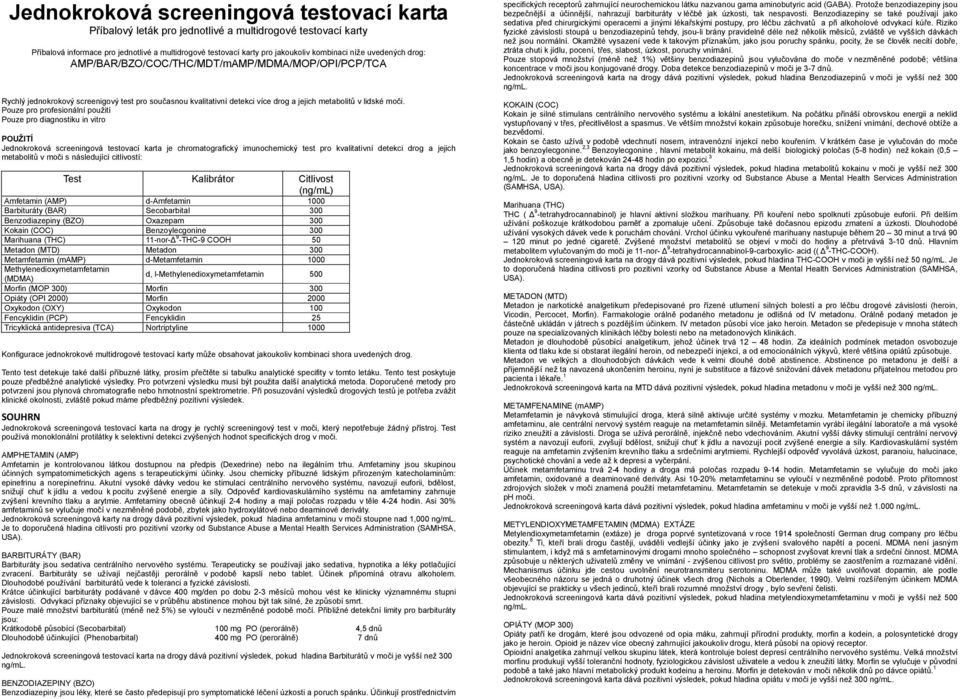 Pouze pro profesionální použití Pouze pro diagnostiku in vitro POUŽITÍ Jednokroková screeningová testovací karta je chromatografický imunochemický test pro kvalitativní detekci drog a jejich