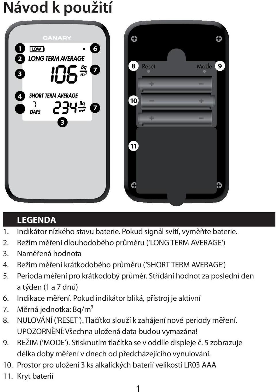 Pokud indikátor bliká, přístroj je aktivní 7. Měrná jednotka: Bq/m³ 8. NULOVÁNÍ ( RESET ). Tlačítko slouží k zahájení nové periody měření. UPOZORNĚNÍ: Všechna uložená data budou vymazána! 9.