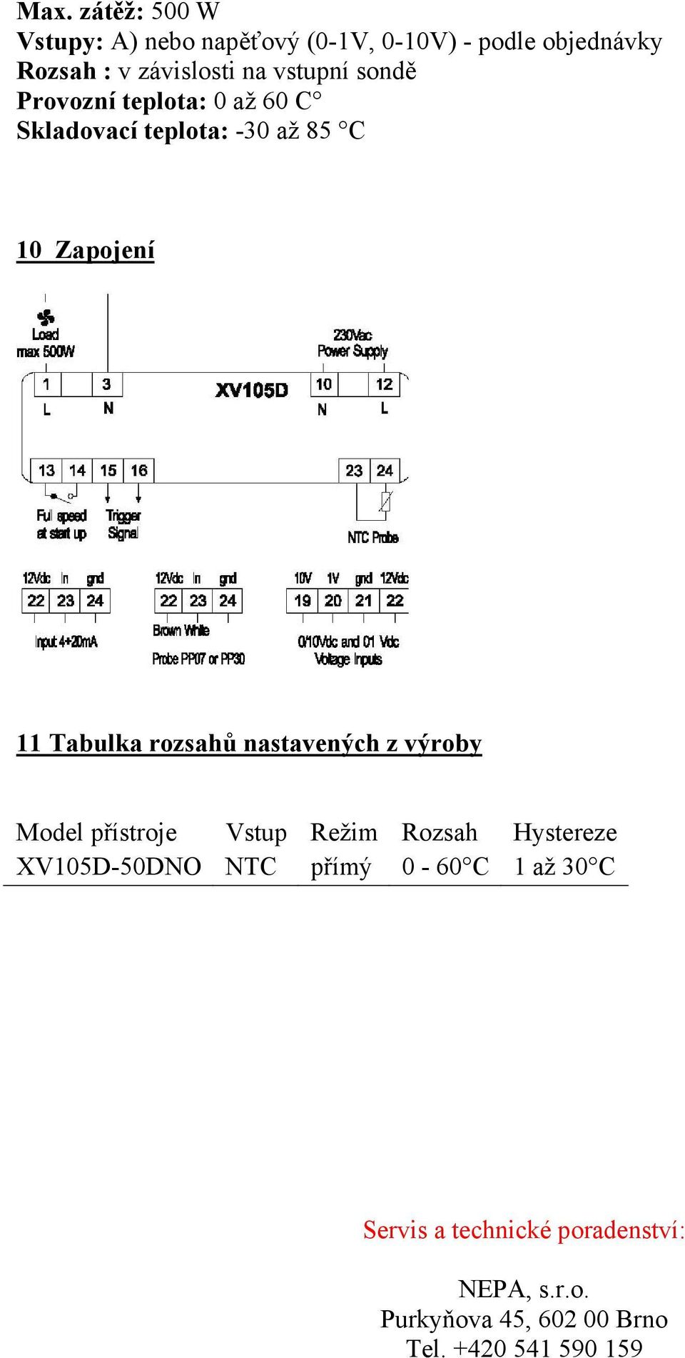 rozsahů nastavených z výroby Model přístroje Vstup Režim Rozsah Hystereze XV105D-50DNO NTC přímý