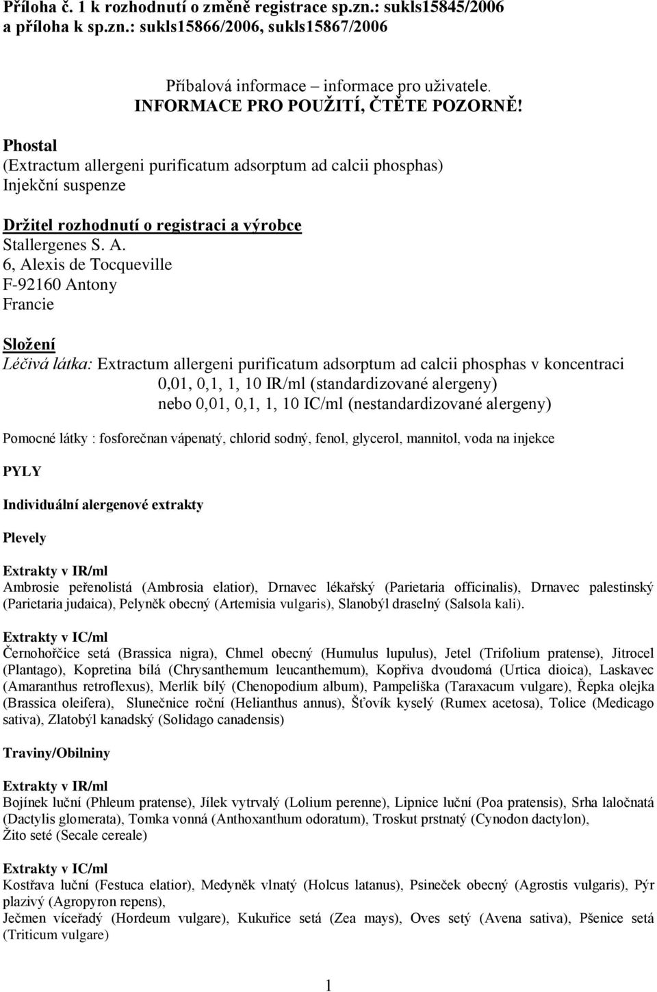 6, Alexis de Tocqueville F-92160 Antony Francie Složení Léčivá látka: Extractum allergeni purificatum adsorptum ad calcii phosphas v koncentraci 0,01,, 1, 10 IR/ml (standardizované alergeny) nebo