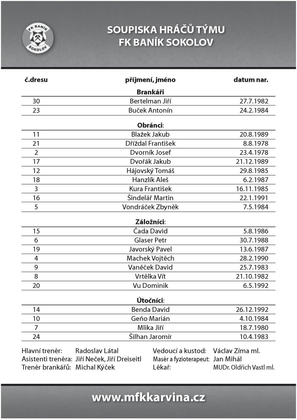 8.1986 6 Glaser Petr 30.7.1988 19 Javorský Pavel 13.6.1987 4 Machek Vojtěch 28.2.1990 9 Vaněček David 25.7.1983 8 Vrtělka Vít 21.10.1982 20 Vu Dominik 6.5.1992 Útočníci: 14 Benda David 26.12.