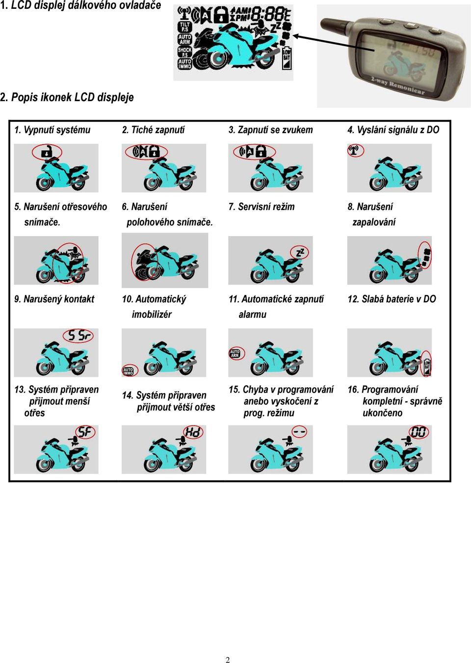 Narušený kontakt 10. Automatický imobilizér 11. Automatické zapnutí alarmu 12. Slabá baterie v DO 13.